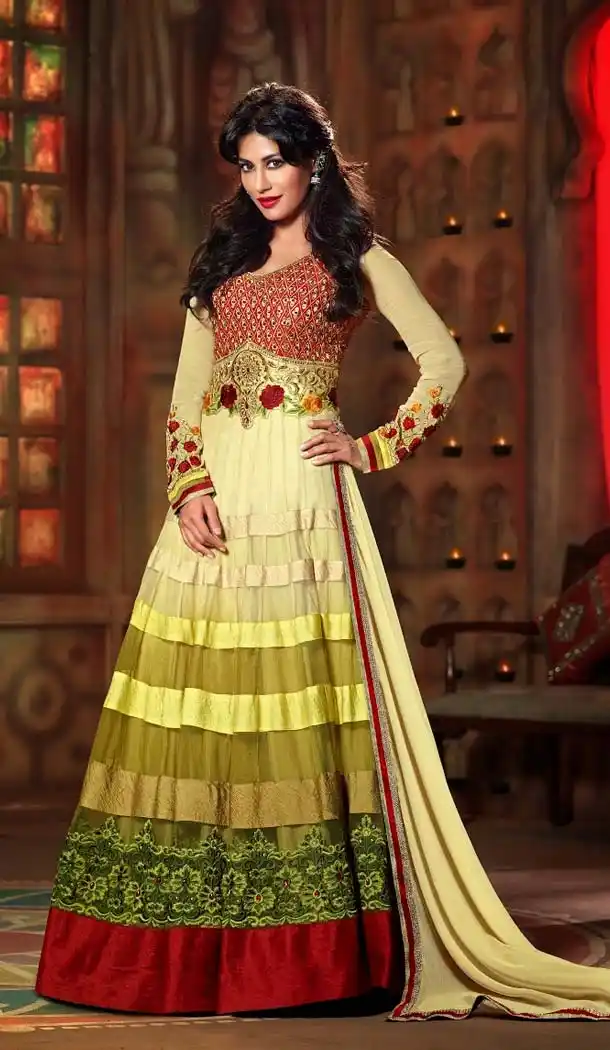 Olive Green and Beige Net Abaya Style Churidar Kameez