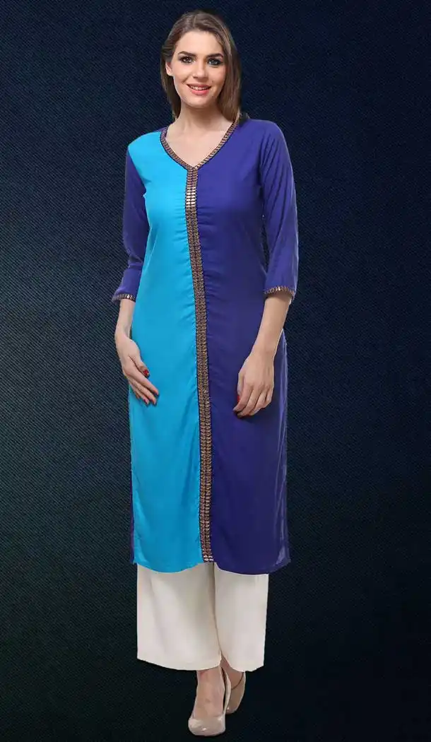 Sky Blue Color Cotton Solid Print Straight Readymade Kurti | FH550082329