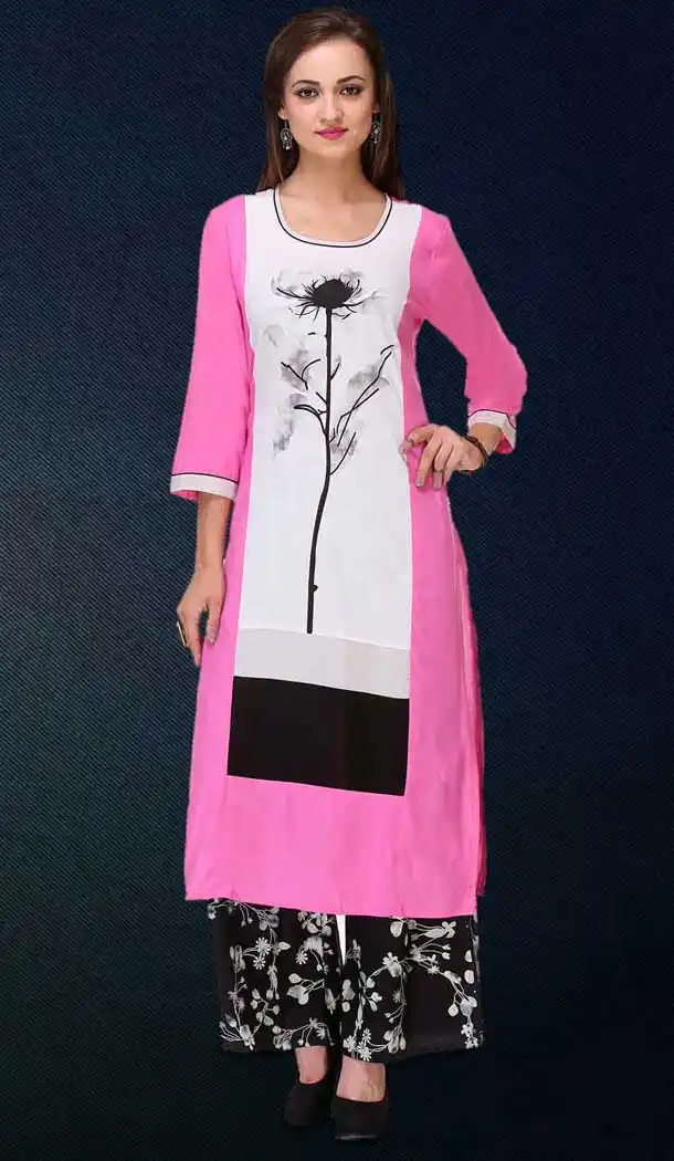 Deep Pink Color Cotton Graphic Print Straight Readymade Kurti | FH550082331