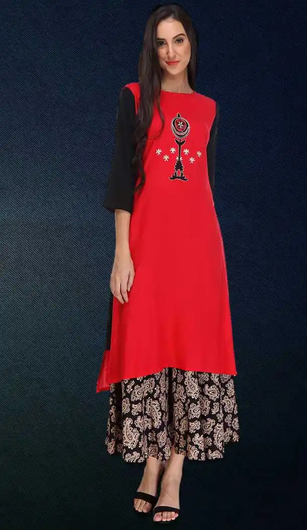 Red Color Cotton Graphic Print Straight Readymade Kurti | FH550082333