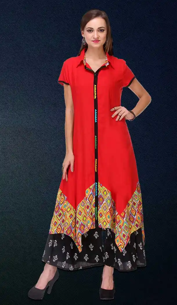 Red Color Cotton Graphic Print Straight Readymade Kurti | FH550082334