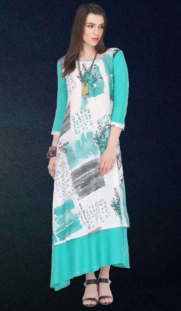Turquoise Color Cotton Graphic Print Straight Readymade Kurti | FH550082335