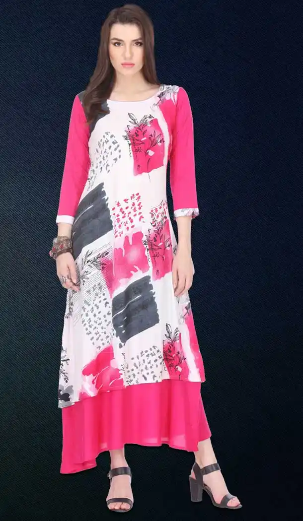 Deep Pink Color Cotton Graphic Print Straight Readymade Kurti | FH550082336