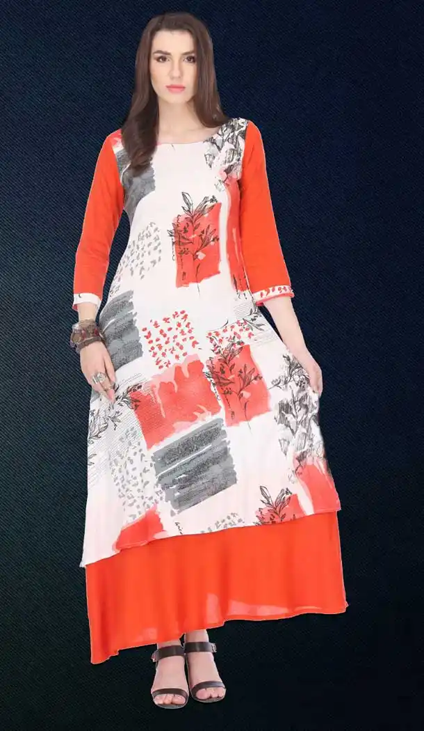 Orange Color Cotton Graphic Print Straight Readymade Kurti | FH550082337