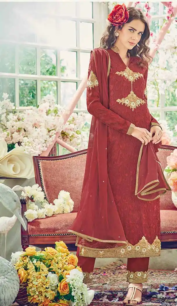 Maroon Color Georgette Straight Cut Style Evening Wear Dresses | FH550582384