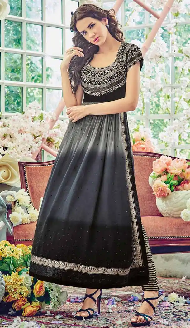 Slate Grey Color Georgette Straight Cut Style Evening Wear Dresses | FH550582386