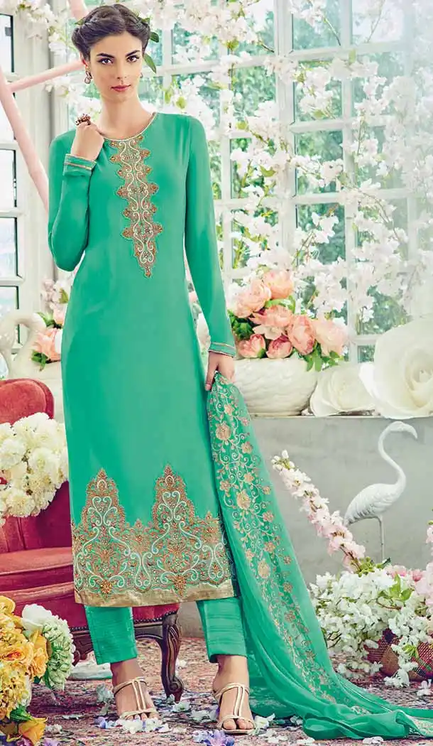 Emerald Color Georgette Straight Cut Style Evening Wear Dresses | FH550582387