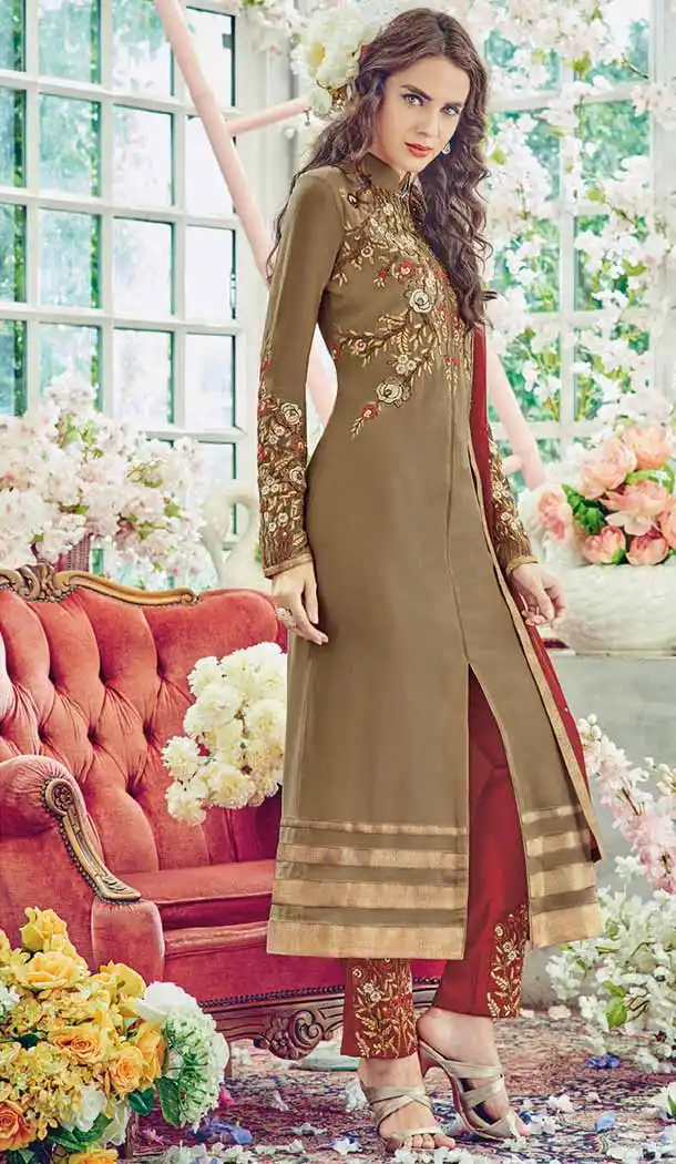 Tan Brown Color Georgette Achkan Style Evening Wear Dresses | FH550582388