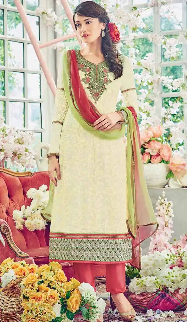 Off White Color Georgette Straight Cut Style Evening Wear Dresses | FH550582389