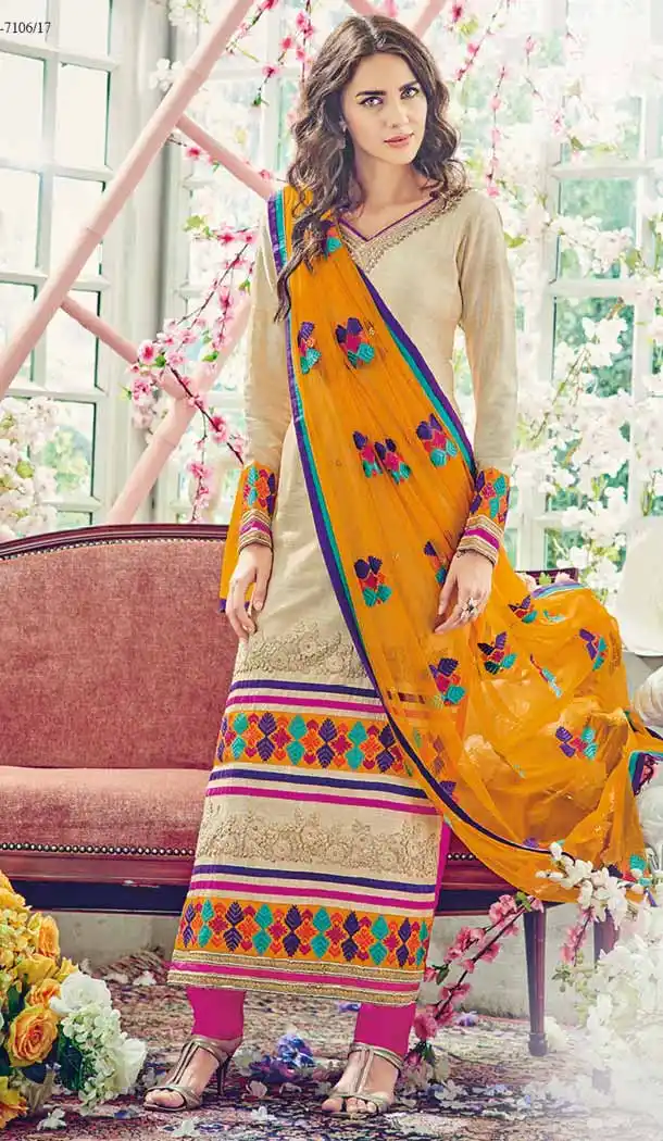 Beige Color Georgette Straight Cut Style Evening Wear Dresses | FH550582391
