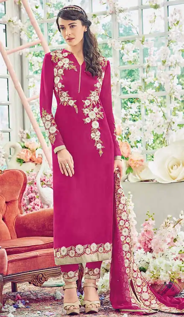 Deep Pink Color Georgette Straight Cut Style Evening Wear Dresses | FH550582392