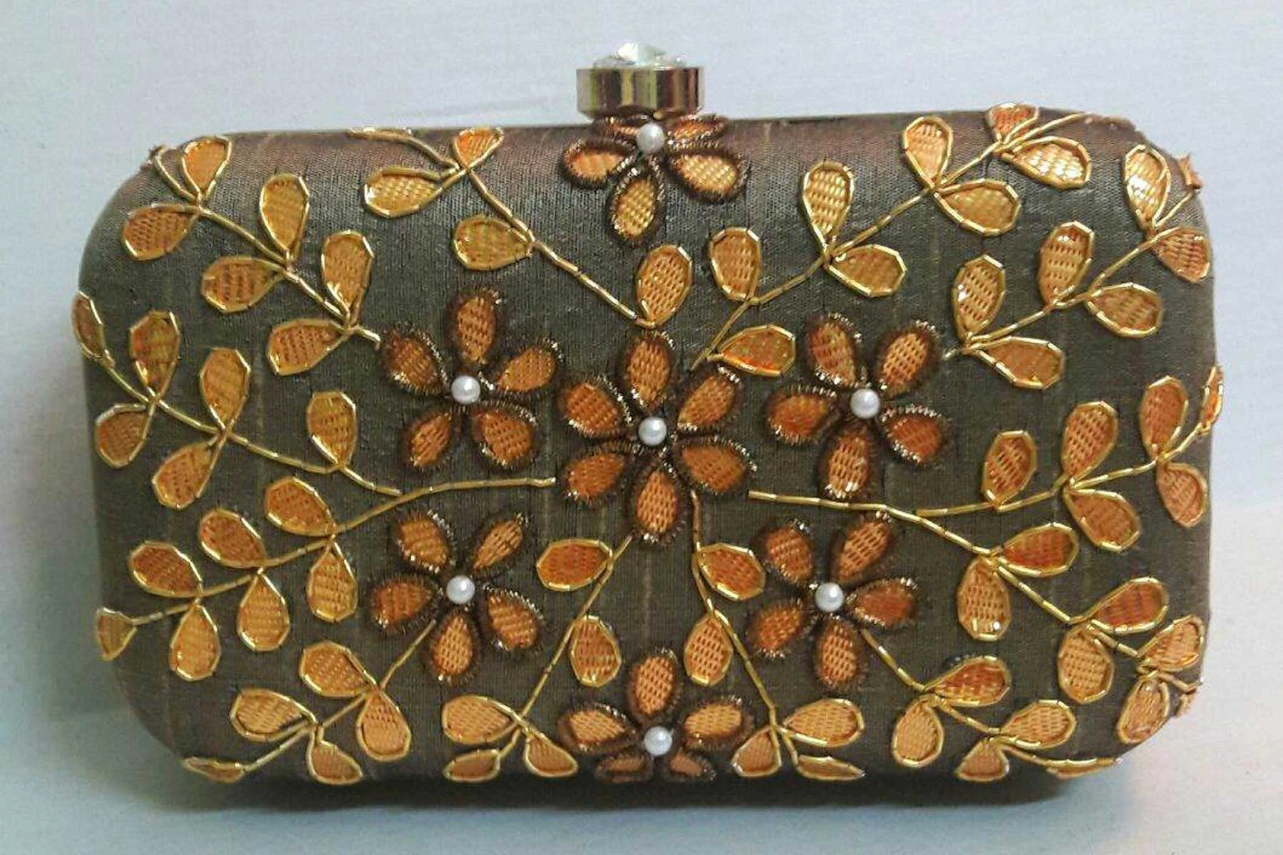 Gray Color Hand Embroidery Clutch Bags Online | FH10341393