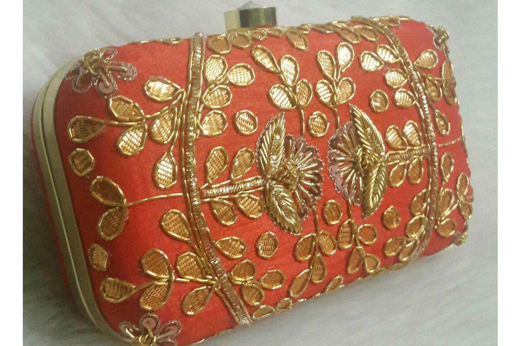 Embroidery Work Orange Color Women's Fashion Clutch Purse | FH10351404