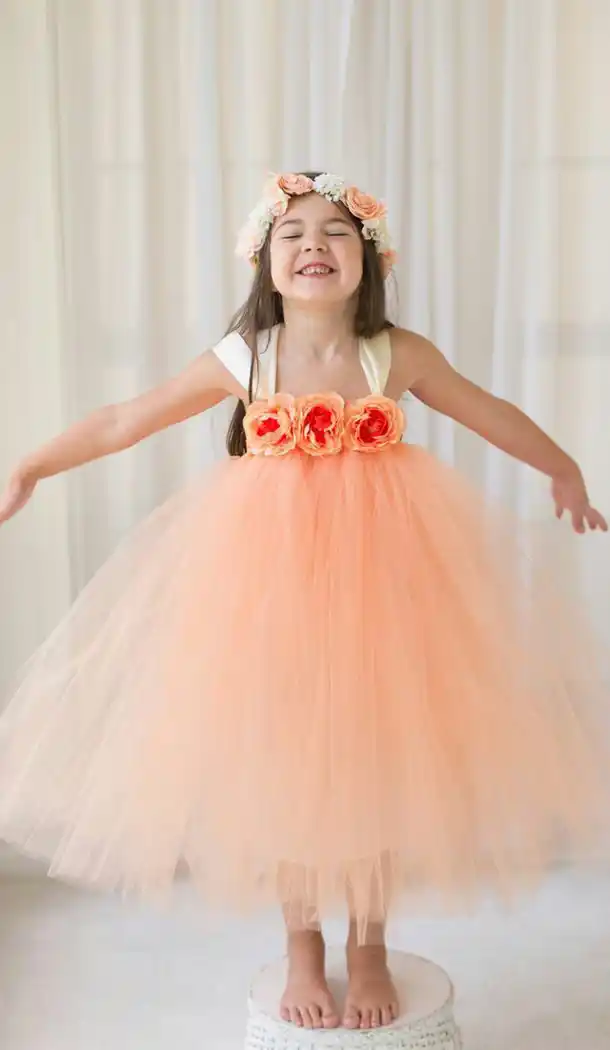 Designer Soft Net Light Orange Color Girls Party Wear Full Stitched Gown Dresses | FH10591681