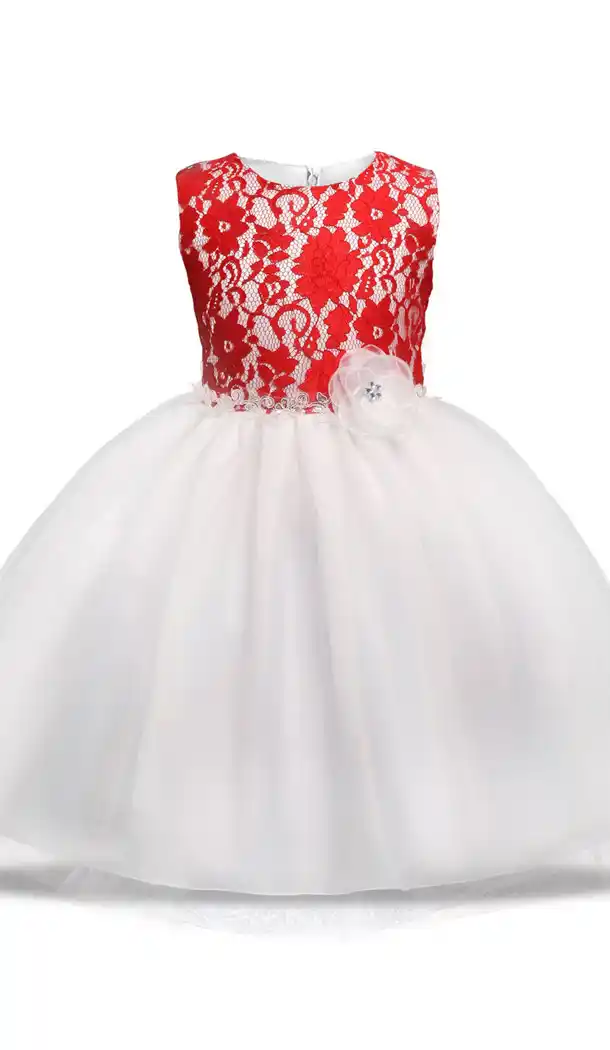 Designer Soft Net RED-WHITE Color Girls Party Wear Full Stitched Gown Dresses | FH10591691