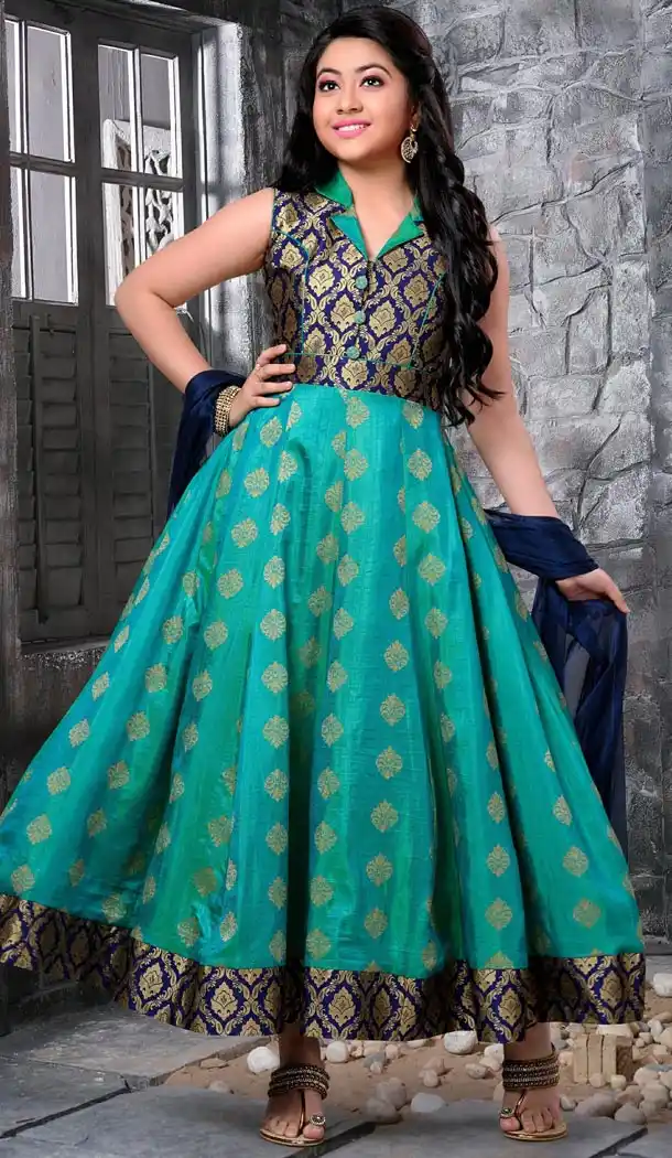Sky Blue Color Banarasi Jecard Party Wear Girls Salwar Kameez | 11142445