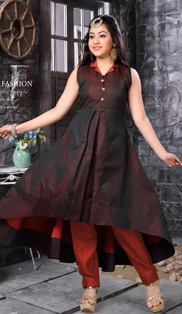 Dark Maroon Color Tafeta silk Party Wear Girls Salwar Kameez | 11142446