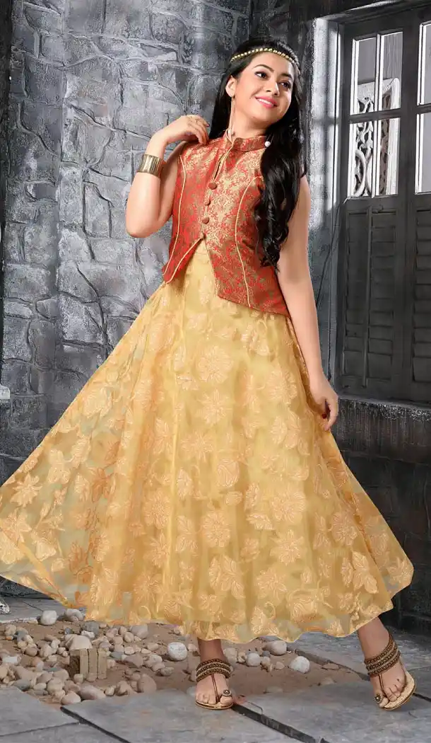 Crem Color Braso Print Party Wear Girls Salwar Kameez | 11142449