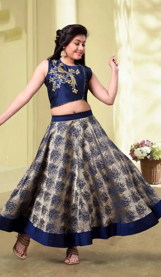Blue Color Banarsi Jecard, Tafeta Silk Party Wear Girls Salwar Kameez | 11142450