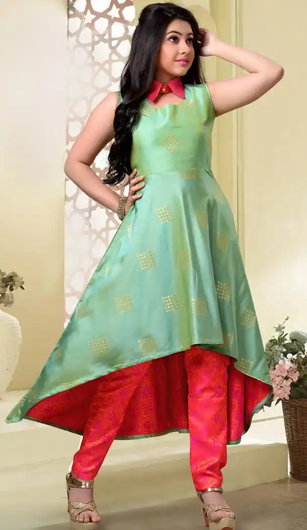 Lite Green Color Banarsi silk Jecard Party Wear Girls Salwar Kameez | 11142451