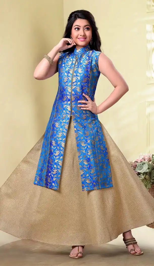 Sky Blue Color Jecard Silk,Havy Broket Party Wear Girls Salwar Kameez | 11142453