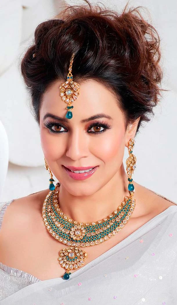 Women Fashion Sky Blue Golden Color Alloy Work Necklace Set | FH551211322666