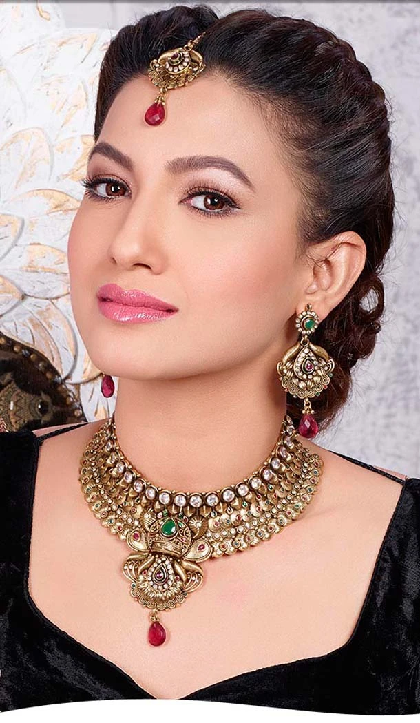 Indian Couture Fashion Necklace Set in Golden Green Color | FH551211322681
