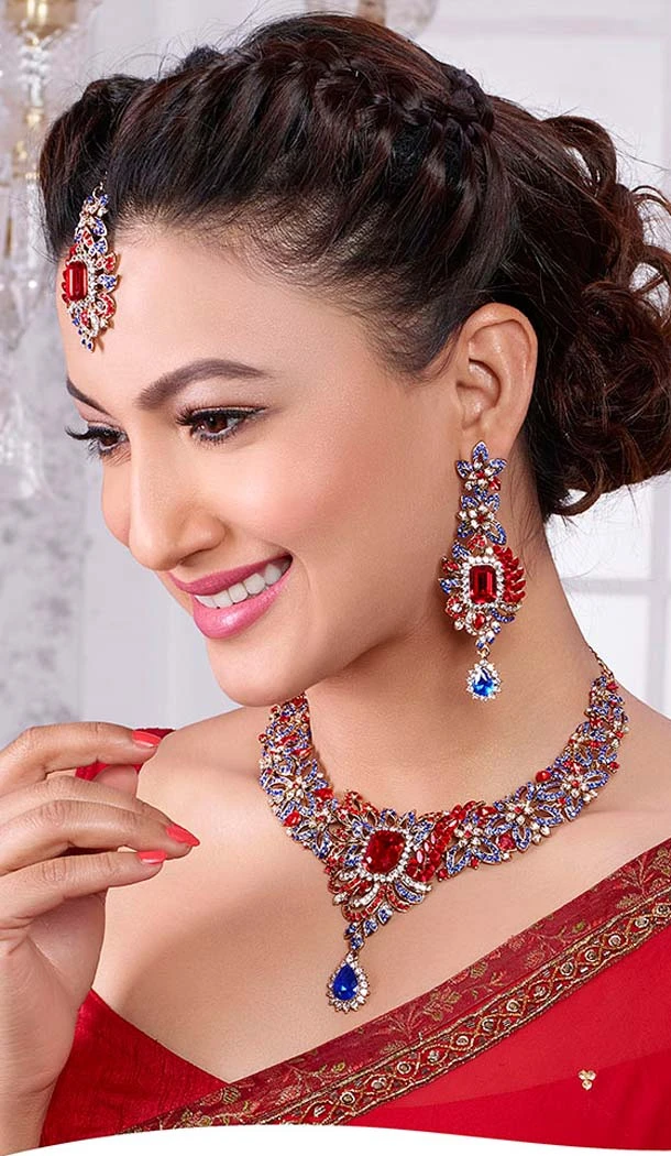 Indian Couture Fashion Necklace Set in Red Color | FH551211322683