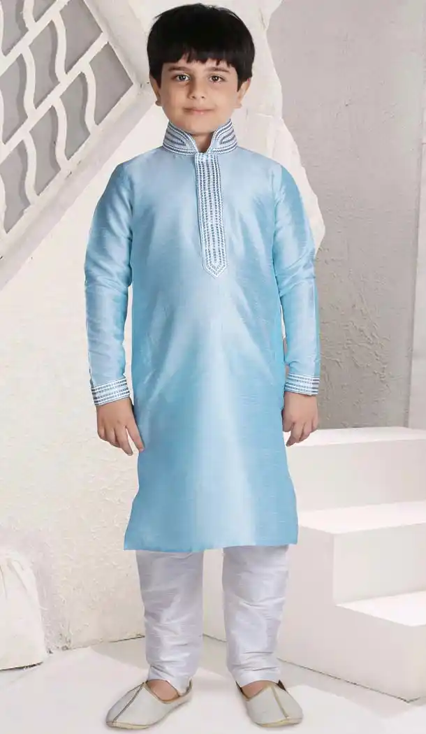 Sky Blue Color Poly Slub Boys Readymade Kurta Pajama | FH5514-11392786