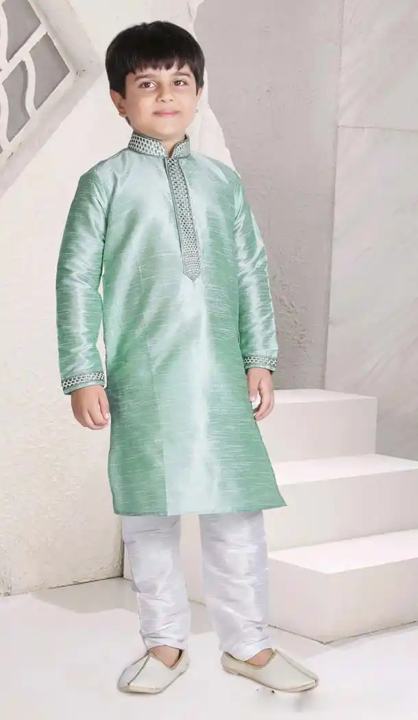 PaleTurquoise Color Poly Slub Dupion Boys Readymade Kurta Pajama | FH5514-11392787