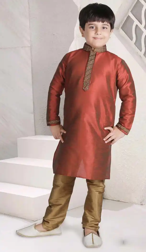 Maroon Color Poly Slub Dupion Boys Readymade Kurta Pajama | FH5514-11392788
