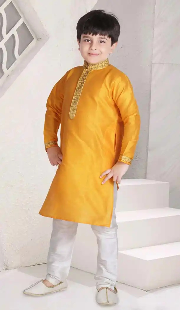 Yallow Color Poly Slub Boys Readymade Kurta Pajama | FH5514-11392793