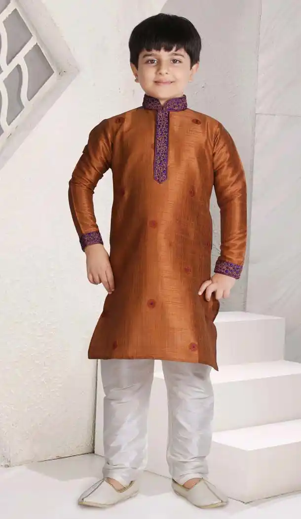 SaddleBrown Color Poly Slub Boys Readymade Kurta Pajama | FH5514-11392794