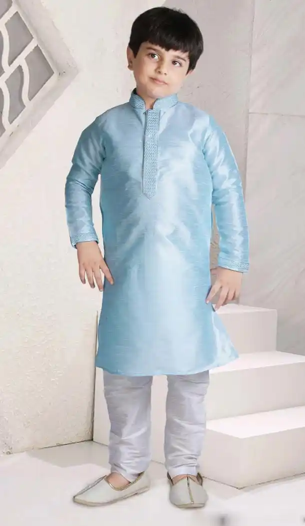 PaleTurquoise Color Poly Slub Dupion Boys Readymade Kurta Pajama | FH5514-11392797