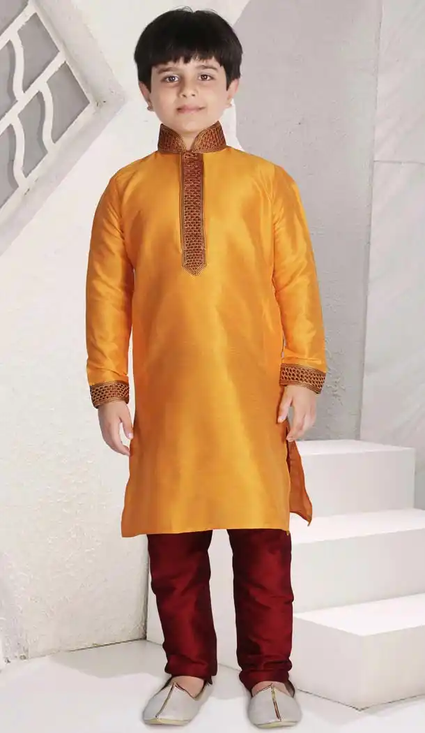 Dark Orange Color Poly Slub Dupion Boys Readymade Kurta Pajama | FH5514-11392800