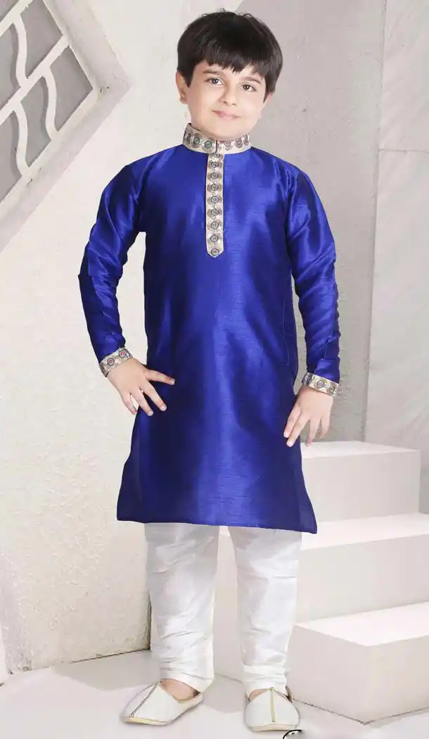 Medium Blue Color Poly Slub Dupion Boys Readymade Kurta Pajama | FH5514-11392801