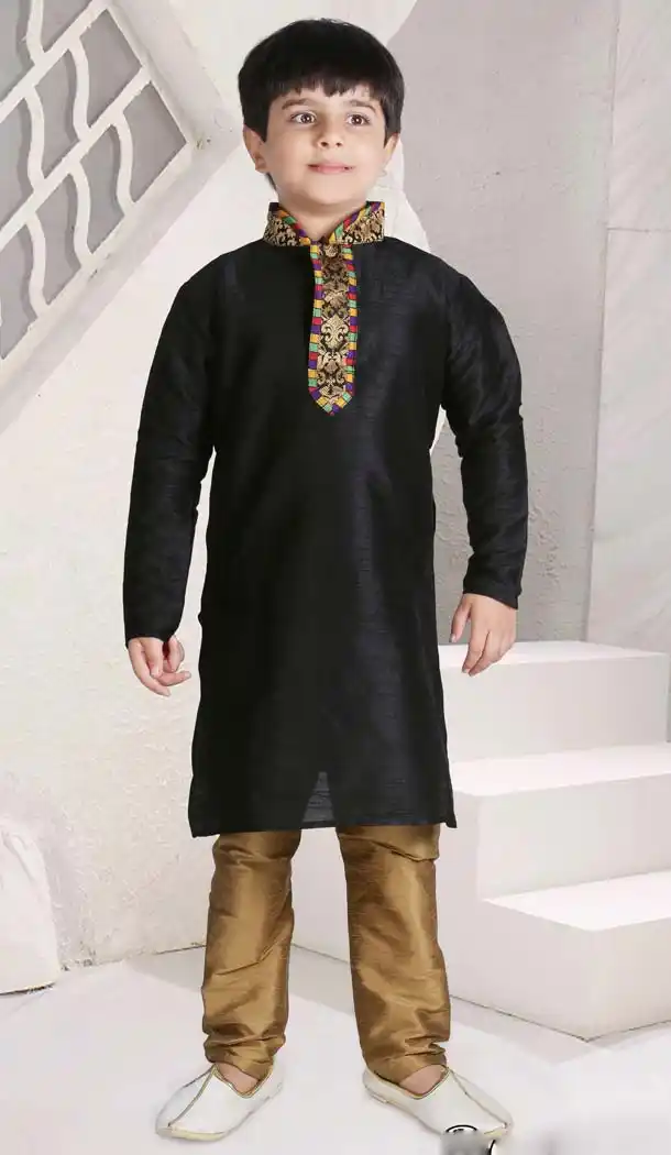 Black Color Poly Slub Dupion Boys Readymade Kurta Pajama | FH5514-11392802