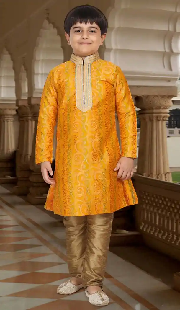 Yallow Color Nylon Jacquard Boys Readymade Kurta Pajama | FH5514-11392803