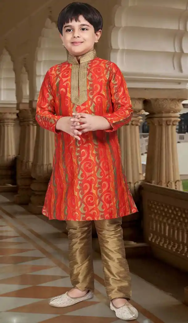 Red Color Nylon Jacquard Boys Readymade Kurta Pajama | FH5514-11392804