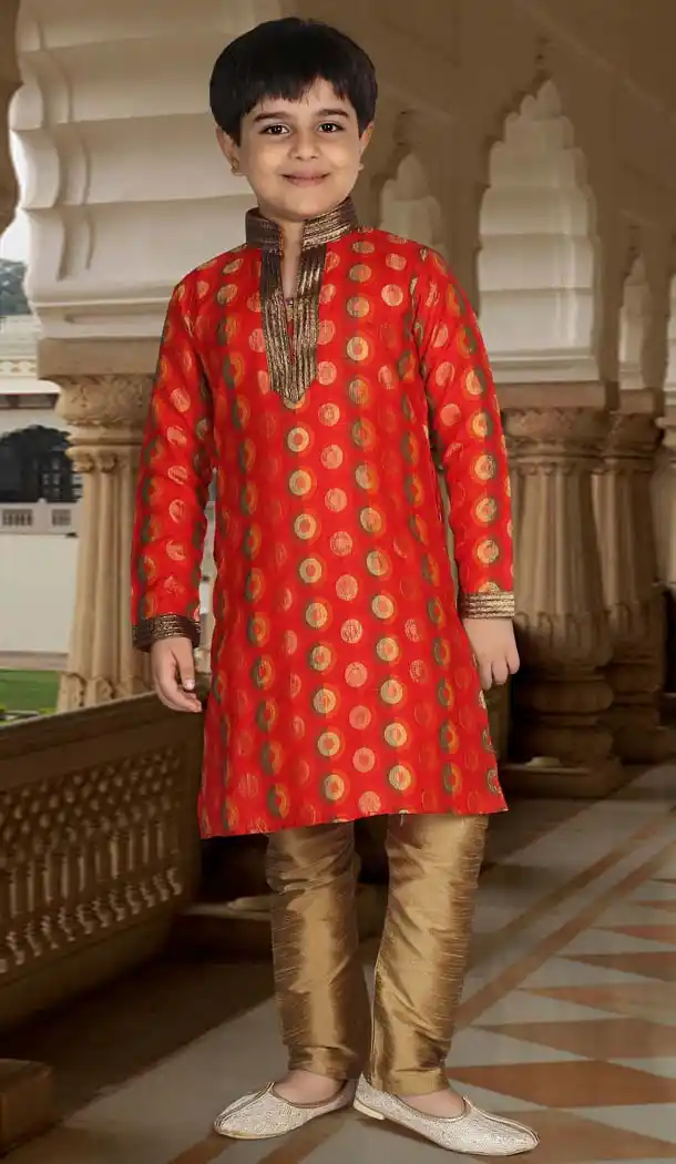 Red Color Nylon Jacquard Boys Readymade Kurta Pajama | FH5514-11392805