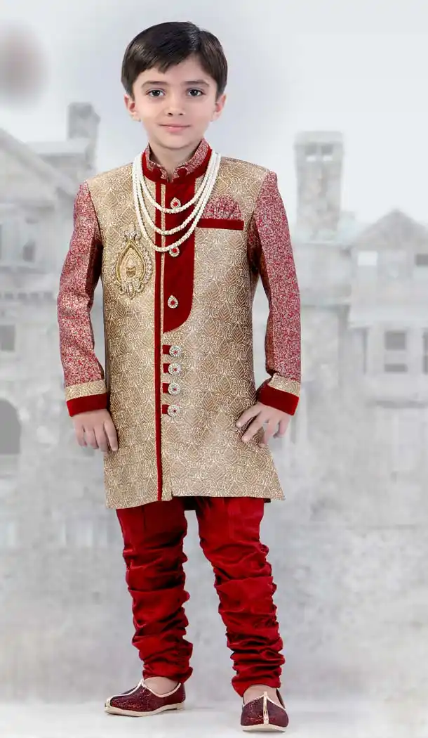 Crème Off white Silk Jequard Double Layred Boy Indo Western | FH11462906
