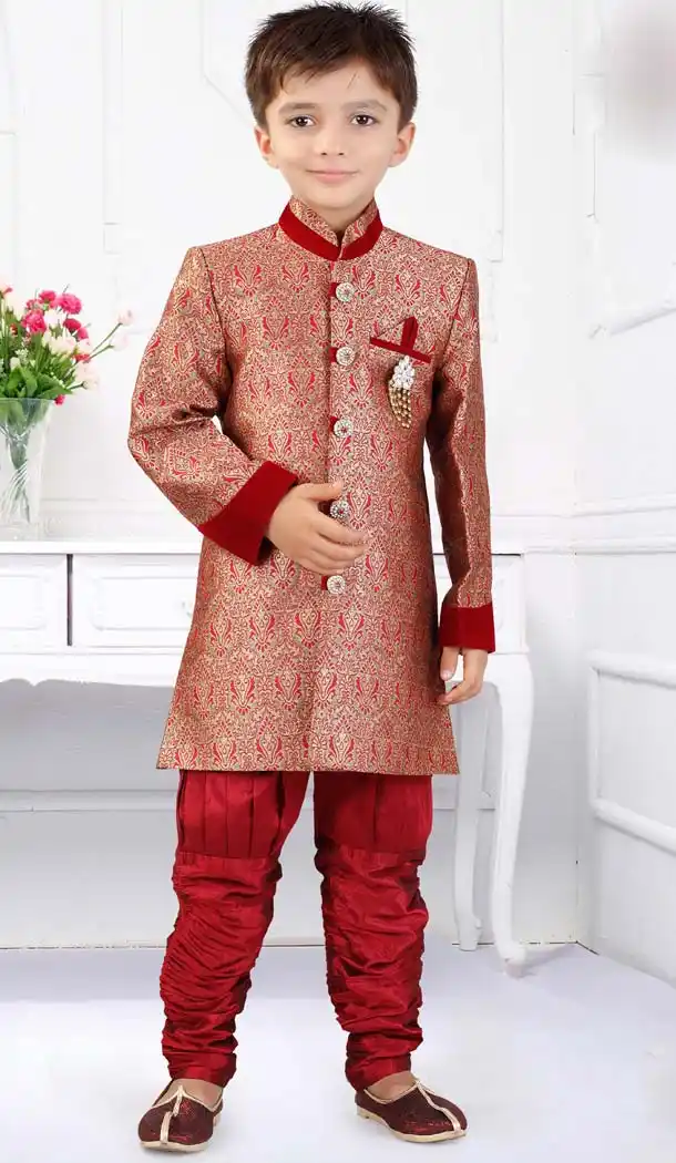 Red Silk Jequard Double Layred Boy Indo Western | FH11462907