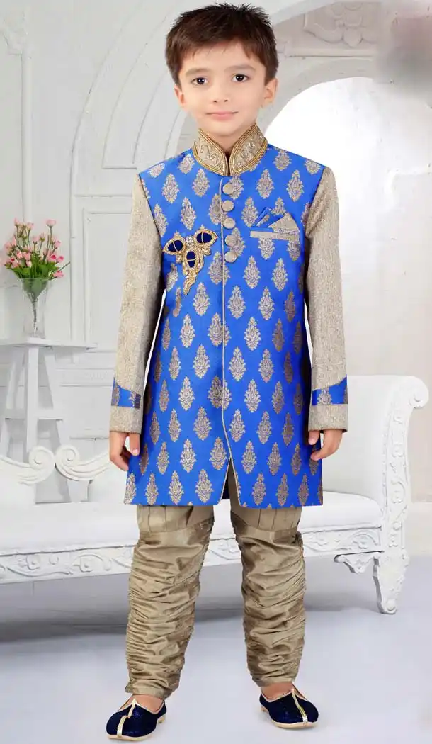 Medium Teal Blue Silk Jequard Boy Indo Western | FH11462909