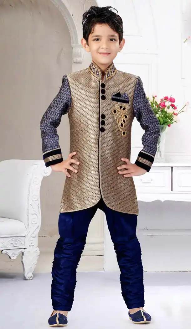 Lavender Gray Silk Jequard Boy Indo Western | FH11462911