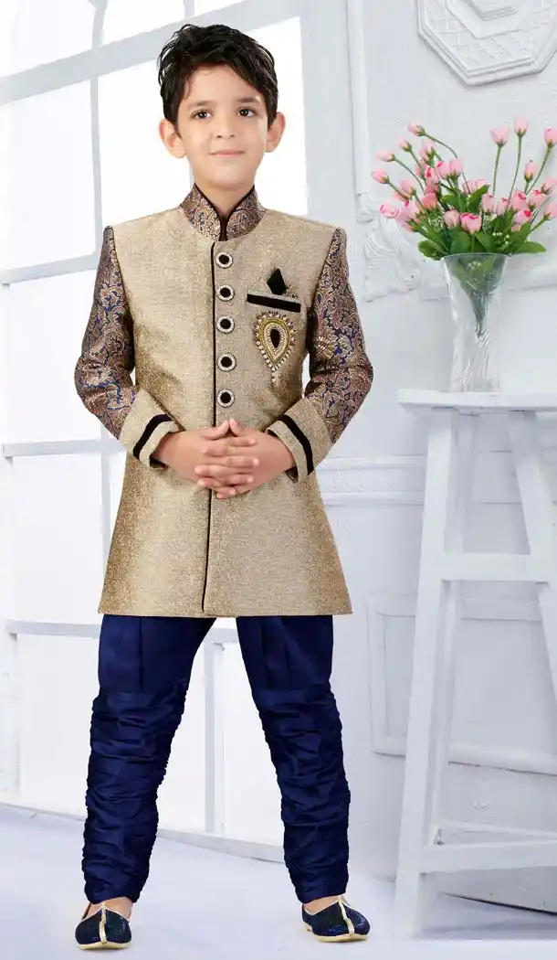 Exclusive Silk Jequard Ash Grey Wedding Wear Indo Western | FH11462913