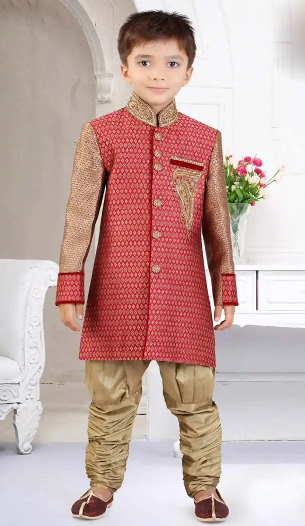 Silk Jequard Debian Red Wedding Wear Boy Indo Western | FH11462914
