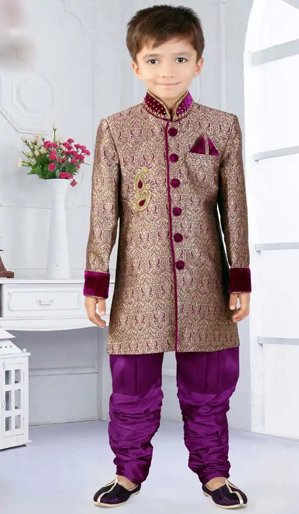 Silk Jequard Dark Magenta Wedding Wear Boy Indo Western | FH11462915