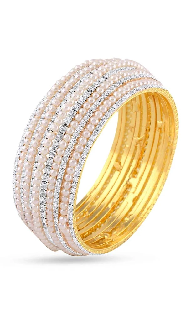 Pearl and White Stone Gold Finishing Stone Bangles | FH55163926