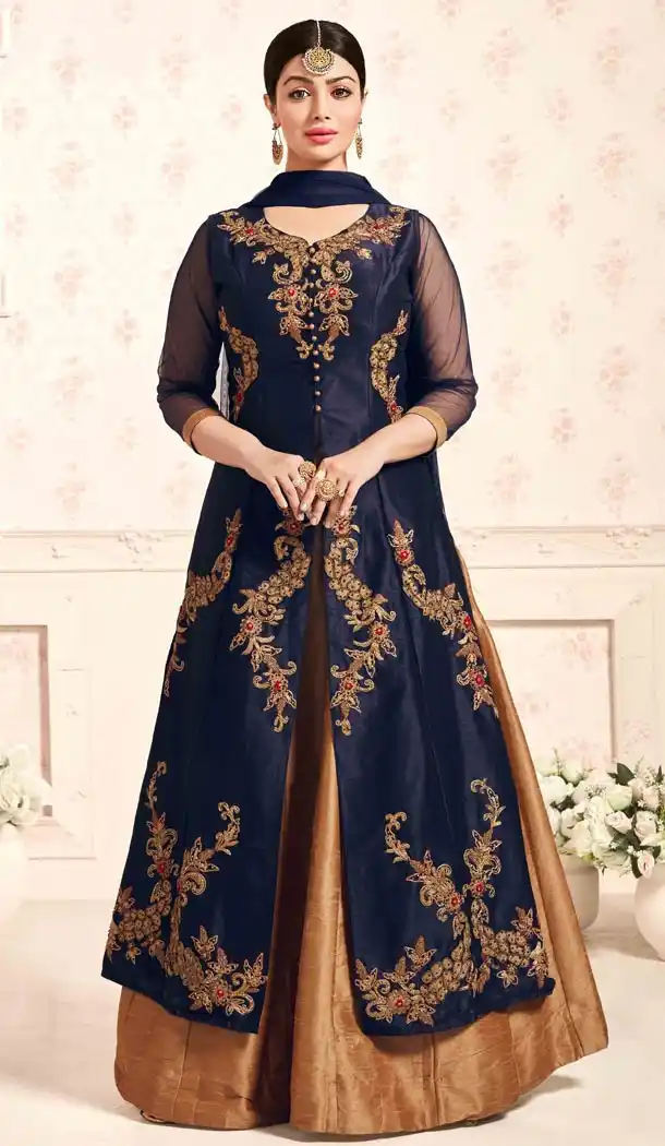 Celebrity Ayesha Takia Navy Blue Color Silk Lehenga Suit | FH552782638