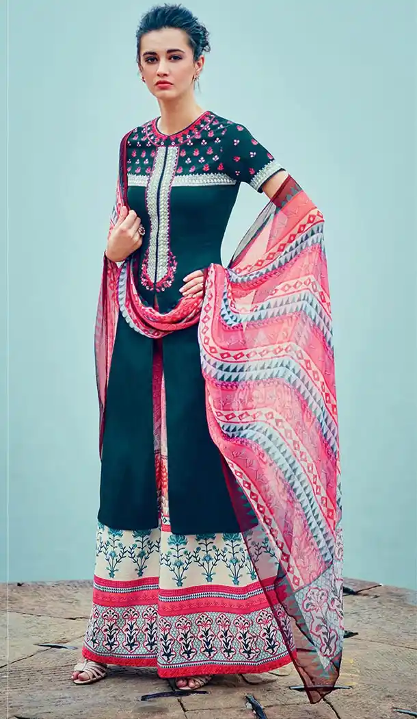 Cadet Blue Color Cotton,Satin Achkan Style Evening Wear Palazzo Dresses | FH552982651